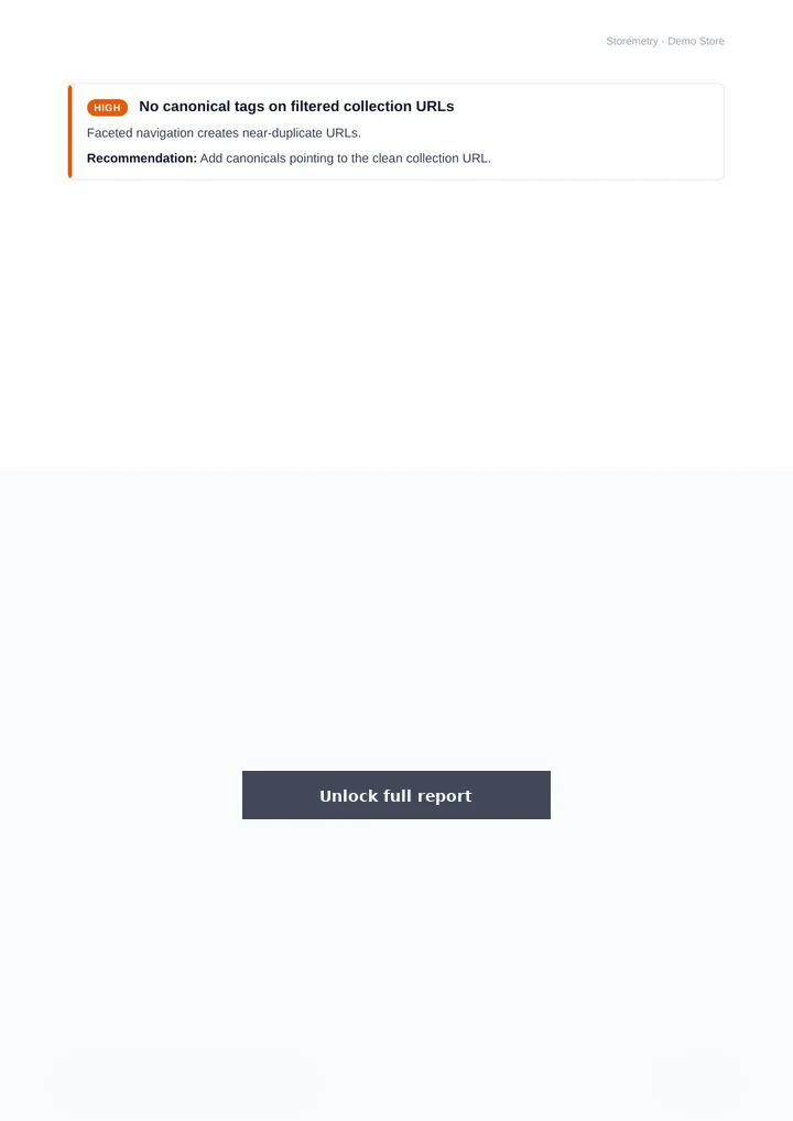 Blurred sample pillar deep-dive page with SEO findings and screenshot evidence from a Storemetry report
